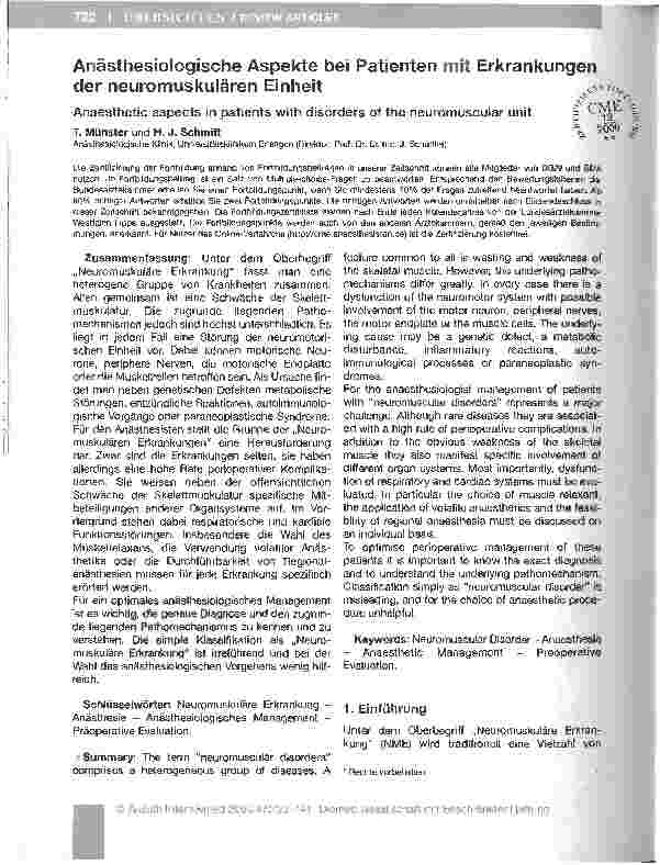 Vorschauseite 1: Anästhesiologische Aspekte bei Patienten mit Erkrankungen der neuromuskulären Einheit