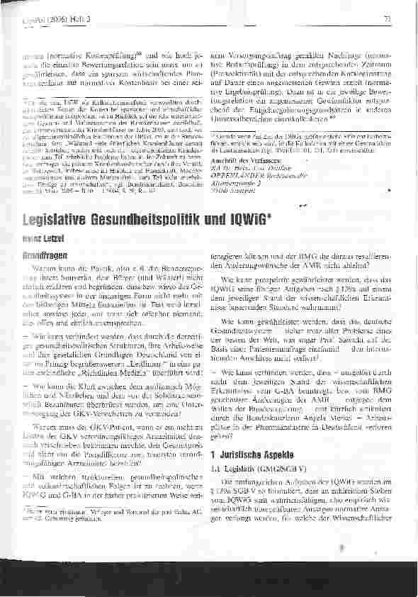 Vorschauseite 1: Legislative Gesundheitspolitik und IQWiG