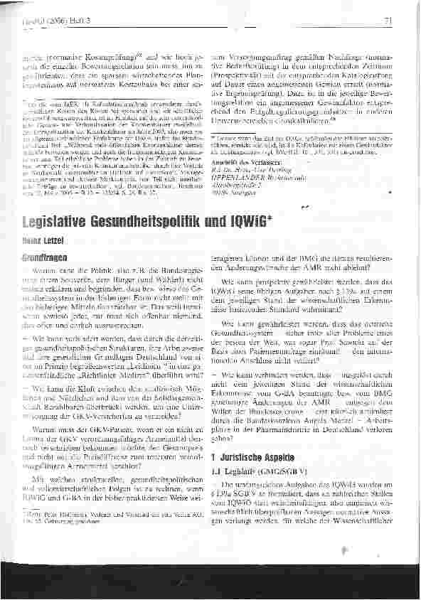 Vorschauseite 2: Legislative Gesundheitspolitik und IQWiG