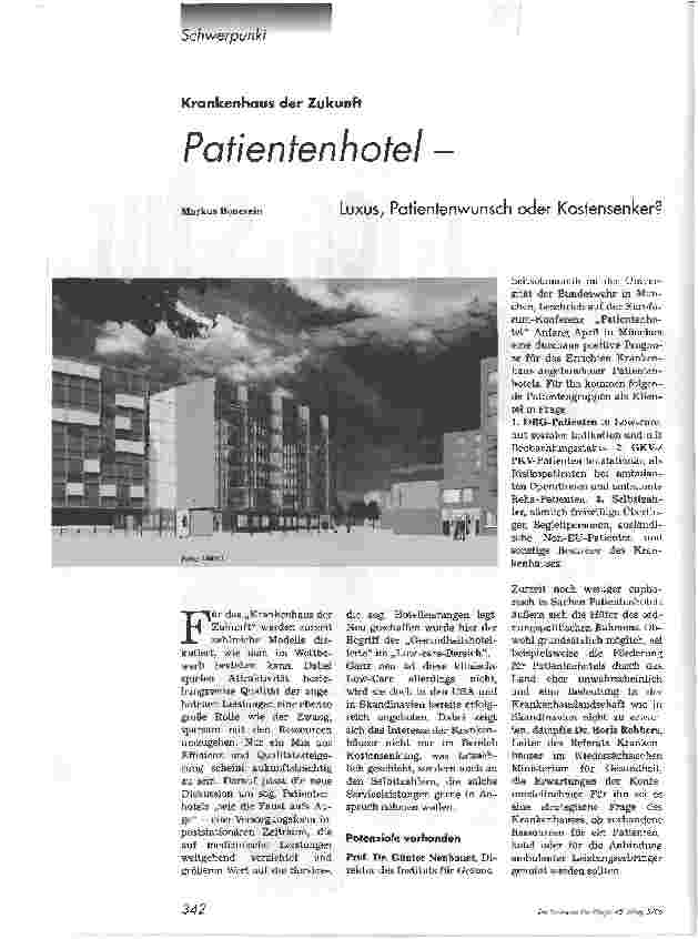 Vorschauseite 1: Krankenhaus der Zukunft - Patientenhotel -Luxus, Patientenwunsch oder Kostensenker?