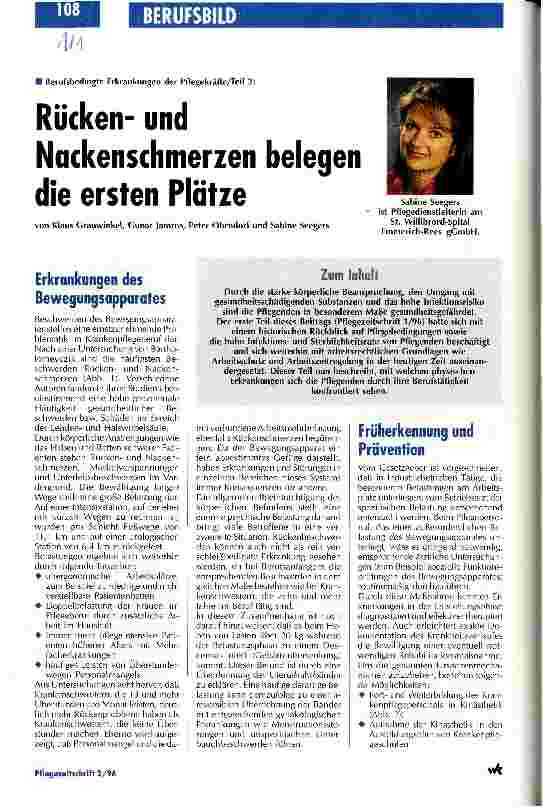 Vorschauseite 1: Rückenund Nackenschmerzen belegen die ersten Plätze Berufsbedingte Erkrankungen der Pflegekräfte/Teil 2