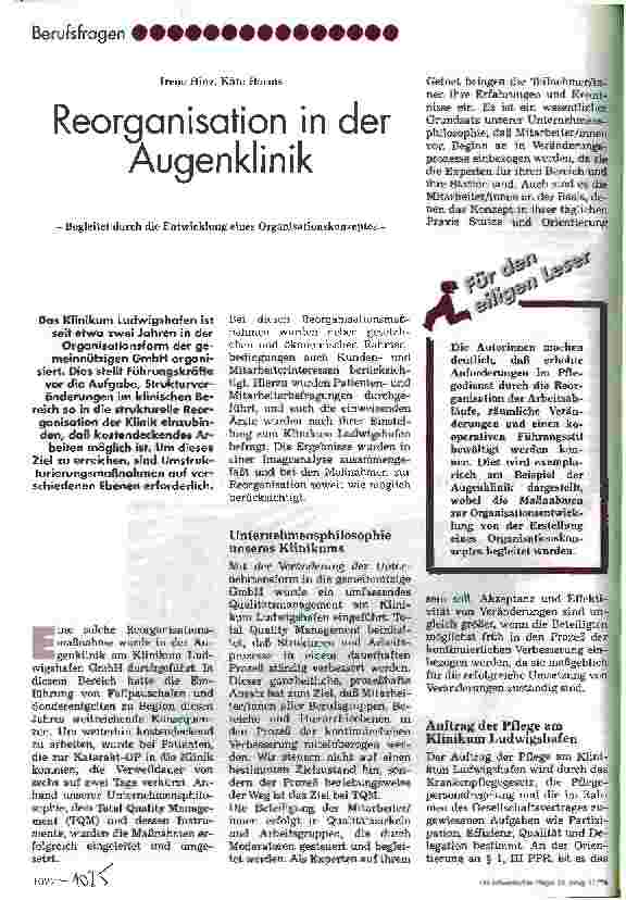 Vorschauseite 1: Reorganisation in der Augenklinik - Begleitet durch die Entwicklung eines Organisationskonzeptes -