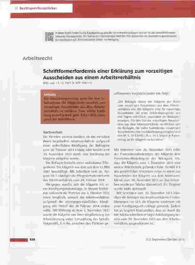 Vorschauseite 1: Schriftformerfordernis einer Erklärung zum vorzeitigen Ausscheiden aus einem Arbeitsverhältnis BAG vom 17.12.2015(6 AZR 709/14)