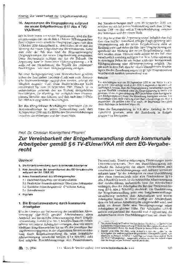 Vorschauseite 1: Zur Vereinbarkeit der Entgeltumwandlung durch kommunale Arbeitgeber gemäß §6 TV-EUmw/VKA mit dem EG-Vergaberecht