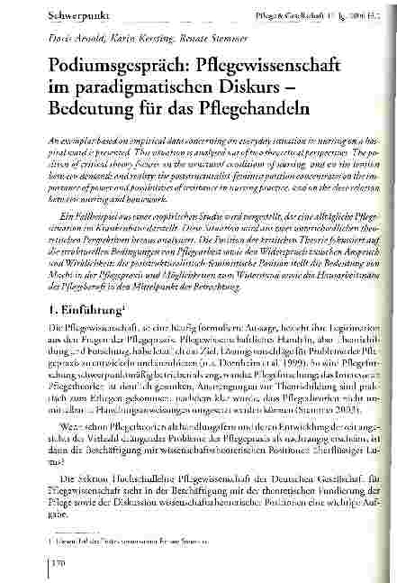 Vorschauseite 1: Podiumsgespräch: Pflegewissenschaft im paradigmatischen Diskurs -Bedeutung fiir das Pflegehandeln