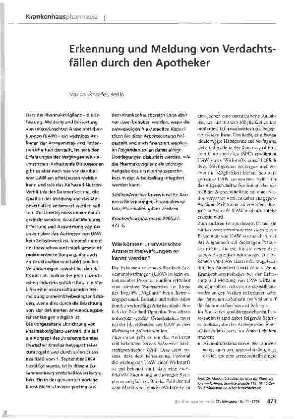 Vorschauseite 1: Erkennung und Meldung von Verdachtsfällen durch den Apotheker