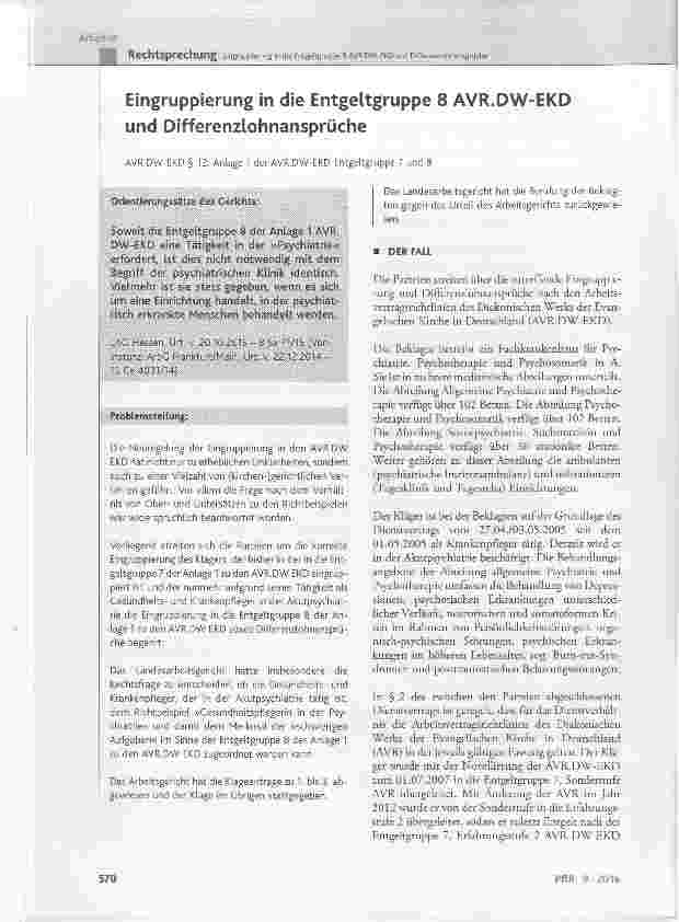 Vorschauseite 1: Eingruppierung in die Entgeltgruppe 8 AVR.DW-EKD und DifferenzlohnansprücheAVR.DW-EKD § 12; Anlage 1 der AVR.DW-EKD Entgeltgruppe 7 und 8