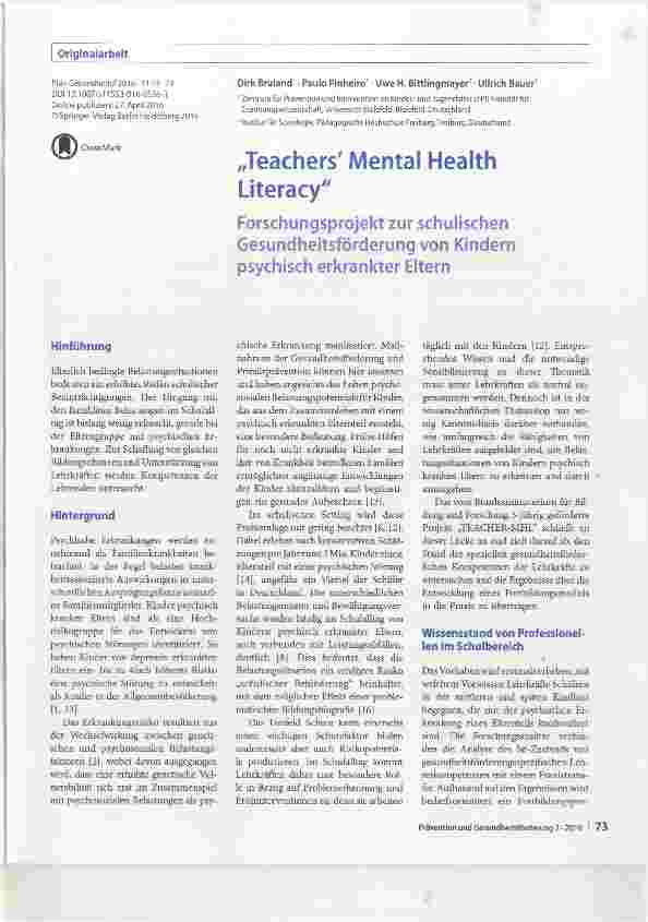 Vorschauseite 1: Teachers Mental Health Literacy Forschungsprojekt zur schulischen Gesundheitsförderung von Kindern psychisch erkrankter Eltern
