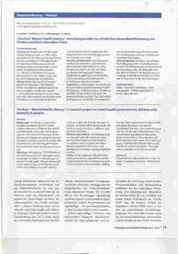 Vorschauseite 3: Teachers Mental Health Literacy Forschungsprojekt zur schulischen Gesundheitsförderung von Kindern psychisch erkrankter Eltern