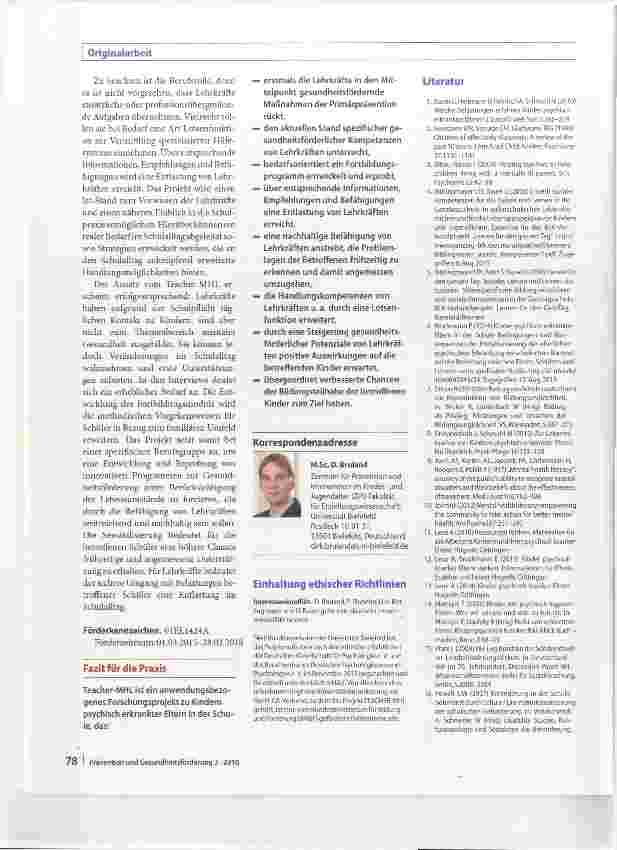 Vorschauseite 6: Teachers Mental Health Literacy Forschungsprojekt zur schulischen Gesundheitsförderung von Kindern psychisch erkrankter Eltern