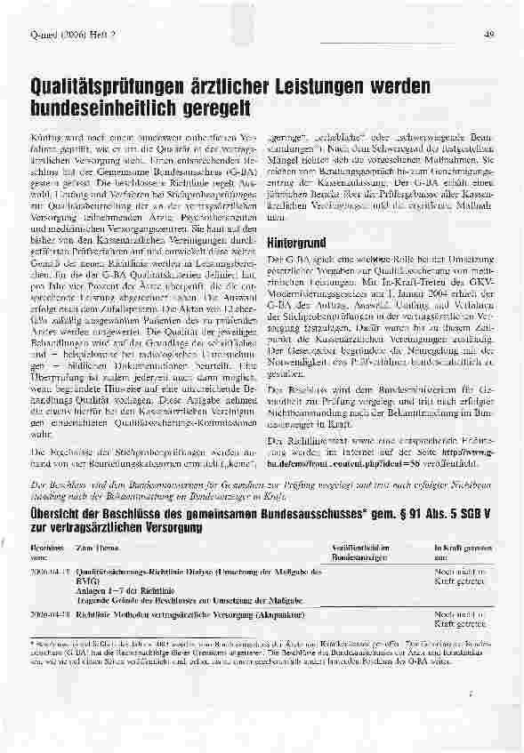 Vorschauseite 1: Qualitätsprüfungen ärztlicher Leistungen werden bundeseinheitlich geregelt