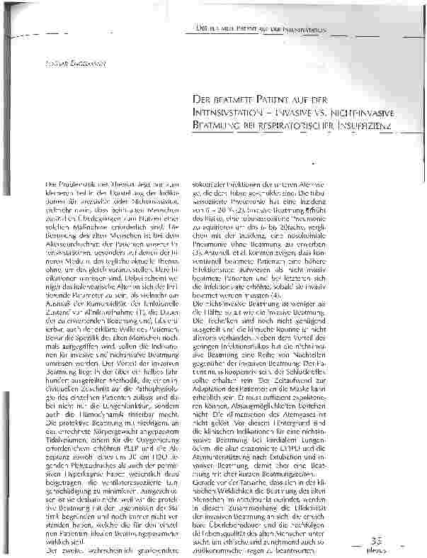 Vorschauseite 1: DER BEATMETE PATIENT AUF DER INTENSIVSTATION - INVASIVE VS. NICHT-INVASIVE BEATMUNG BEI RESPIRATORISCHER INSUFFIZIENZ