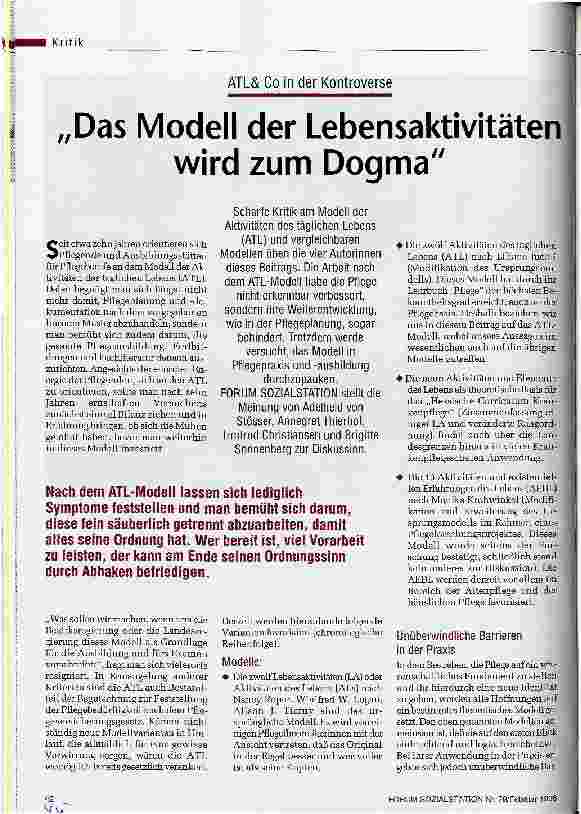 Vorschauseite 1: Das Modell der Lebensaktivitäten wird zum Dogma ATL & Co. in der Kontroverse