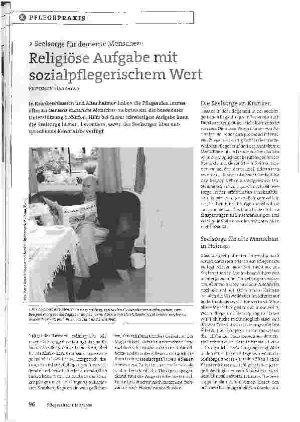 Vorschauseite 1: Seelsorge für demente Menschen:Religiöse Aufgabe mit sozialpflegerischem Wert