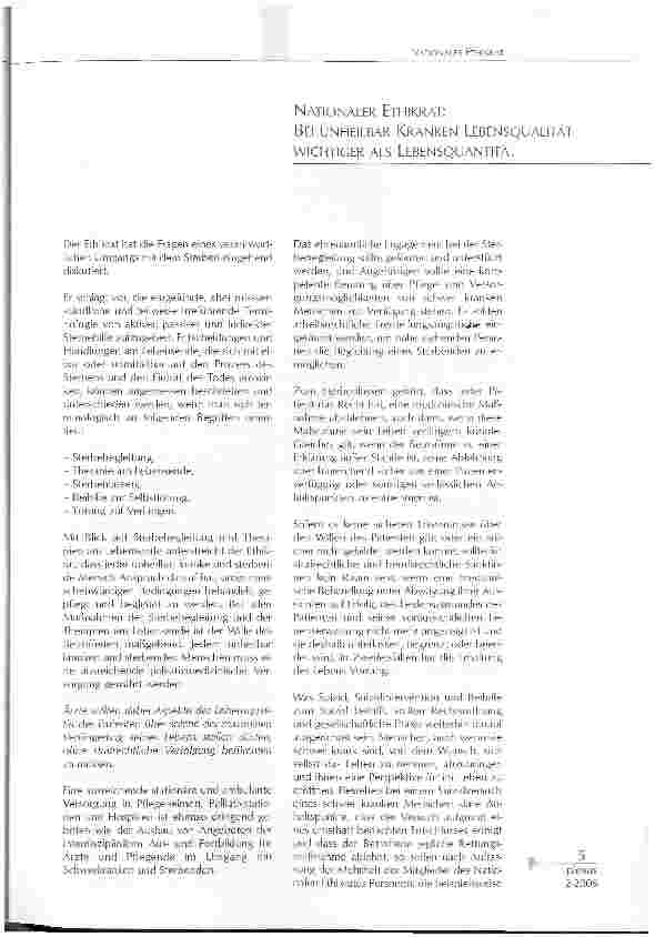 Vorschauseite 1: NATIONALER ETHIKRAT:BEI UNHEILBAR KRANKEN LEBENSQUALITÄTWICHTIGER ALS LEBENSQUANTITÄT
