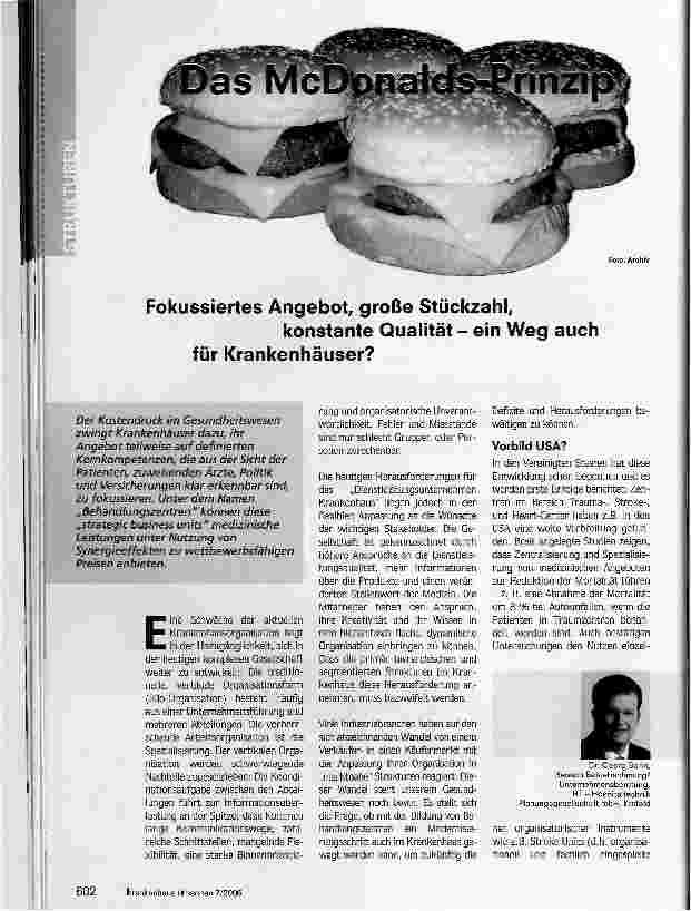 Vorschauseite 1: Das McDonalds-PrinzipFokussiertes Angebot, große Stückzahl, konstante Qualität - ein Weg auch für Krankenhäuser?