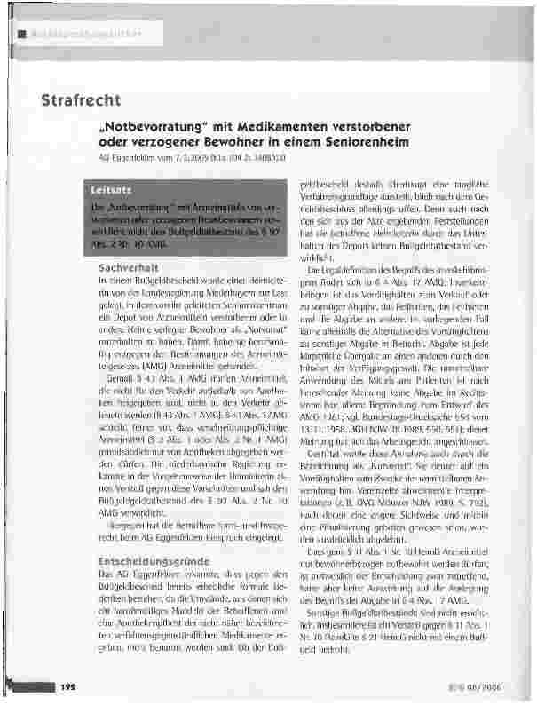 Vorschauseite 1: Notbevorratung mit Medikamenten Verstorbener oder verzogener Bewohner in einem SeniorenheimAG Eggenfelden vom 7.3.2005 (KLs 104 Js 3408/03)