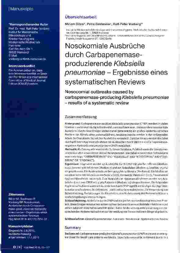 Vorschauseite 1: Nosokomiale Ausbrüche durch Carbapenemase-produzierende Klebsiella pneumoniae Ergebnisse eines systematischen Reviews
