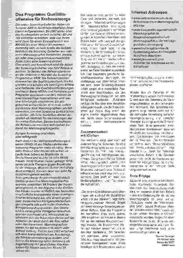 Vorschauseite 3: Telemedizin unterstützt Kampf gegen BrustkrebsNRW startet Flächen deckendes Programm für Mammographiescreening auf Kassenkosten