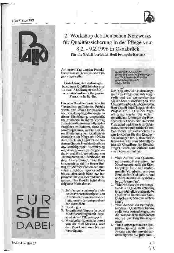 Vorschauseite 1: 2. Workshop des Deutschen Netzwerks für Qualitätssicherung in der Pflege vom 8.2. - 9.2.96 in Osnabrück