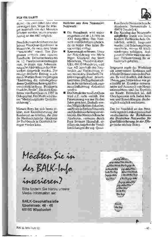 Vorschauseite 3: 2. Workshop des Deutschen Netzwerks für Qualitätssicherung in der Pflege vom 8.2. - 9.2.96 in Osnabrück
