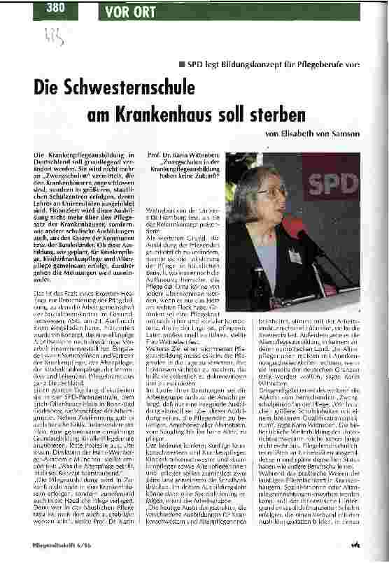 Vorschauseite 1: Die Schwesternschule am Krankenhaus soll sterben SPD legt Bildungskonzept für Pflegeberufe vor
