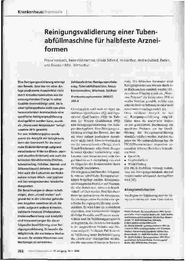Vorschauseite 1: Reinigungsvalidierung einer Tubenabfüllmaschine für halbfeste Arzneiformen