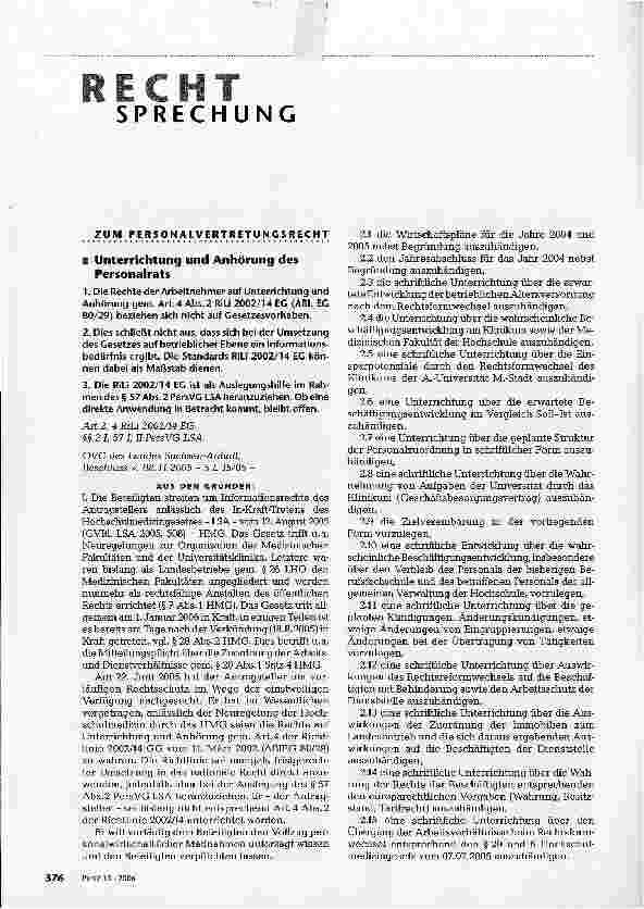 Vorschauseite 1: ZUM PERSONALVERTRETUNGSRECHTUnterrichtung und Anhörung des Personalrats