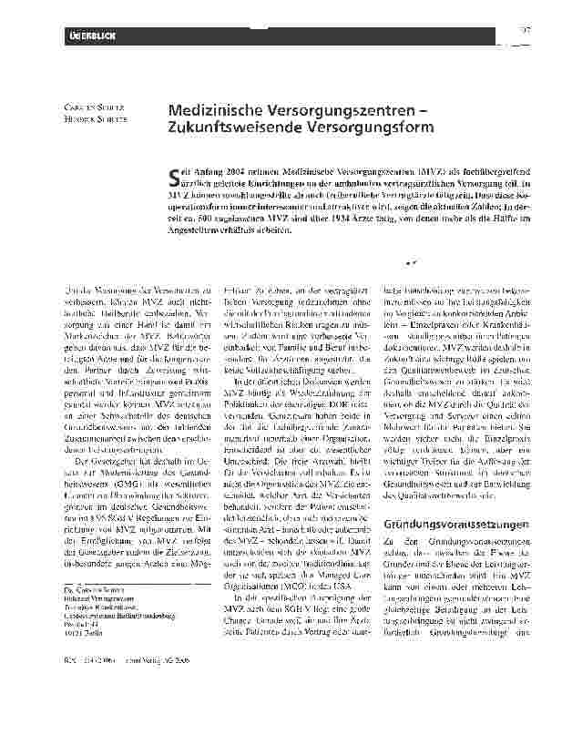 Vorschauseite 1: Medizinische Versorgungszentren -Zukunftsweisende Versorgungsform