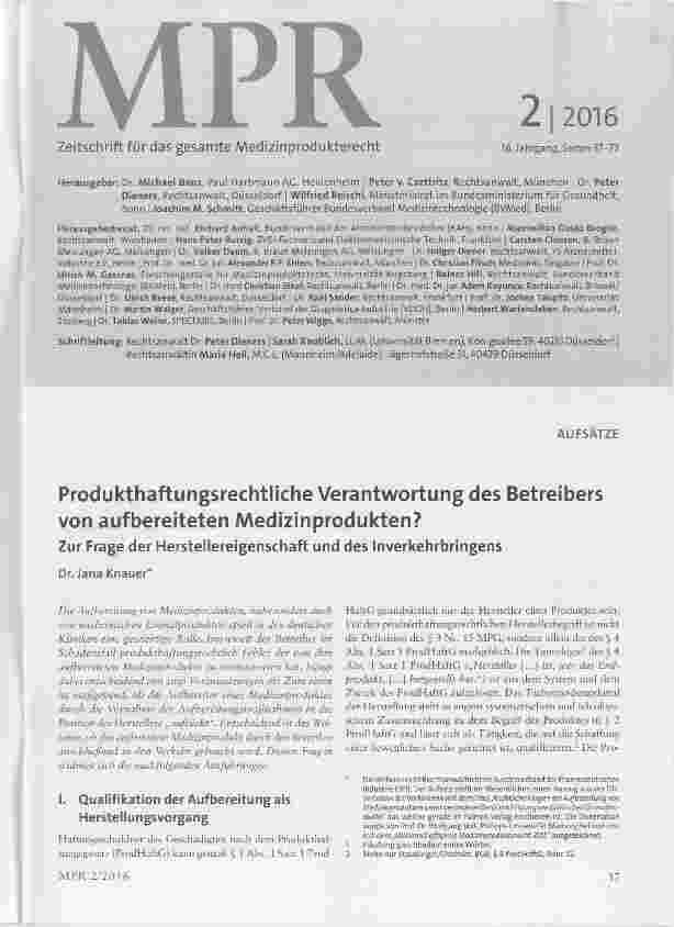 Vorschauseite 1: Produkthaftungsrechtliche Verantwortung des Betreibers von aufbereiteten Medizinprodukten?