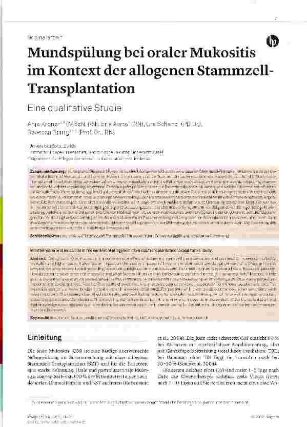 Vorschauseite 1: Mundspülung bei oraler Mukositis im Kontext der allogenen Stammzell-Transplantation