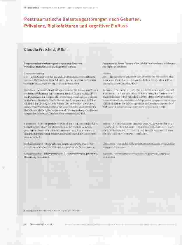 Vorschauseite 1: Posttraumatische Belastungsstörungen nach Geburten: Prävalenz, Risikofaktoren und kognitiver Einfluss