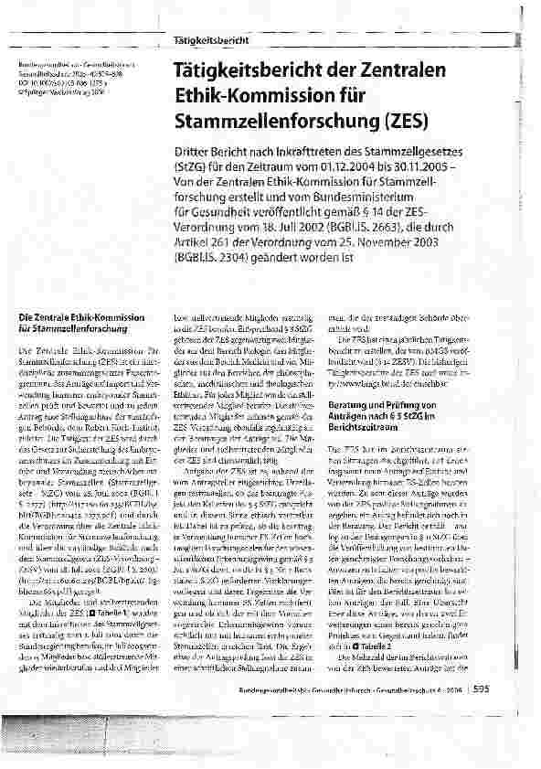 Vorschauseite 1: Tätigkeitsbericht der Zentralen Ethik-Kommission für Stammzellenforschung (ZES)