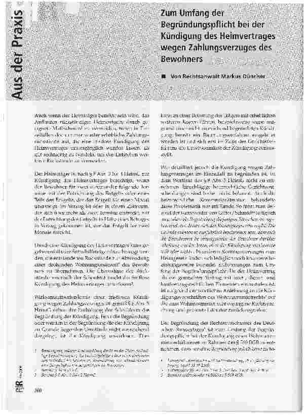 Vorschauseite 1: Zum Umfang der Begründungspflicht bei der Kündigung des Heimvertrages wegen Zahlungsverzuges des Bewohners