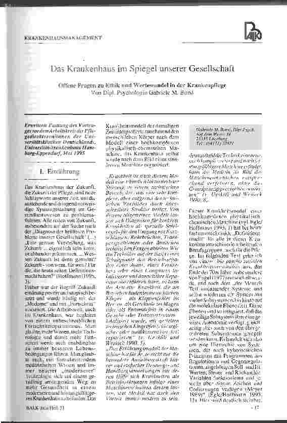 Vorschauseite 1: Das Krankenhaus im Spiegel unserer Gesellschaft Offene Fragen zu Ethik und Wertewandel in der Krankenpflege
