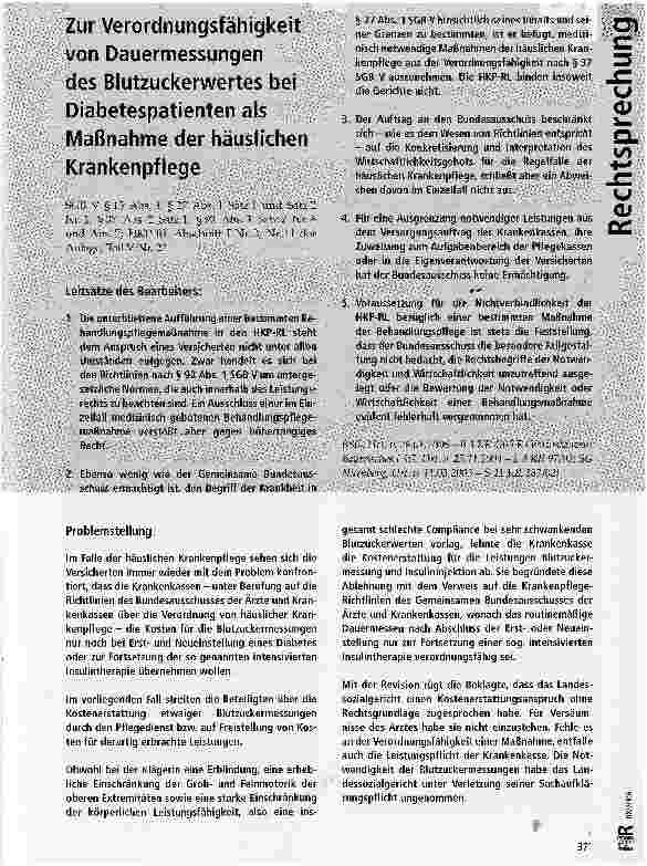 Vorschauseite 1: Zur Verordnungsfähigkeit von Dauermessungen des Blutzuckerwertes bei Diabetespatienten als Maßnahme der häuslichen Krankenpflege