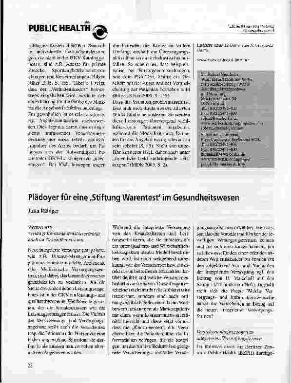 Vorschauseite 1: Plädoyer für eine Stiftung Warentest im Gesundheitswesen