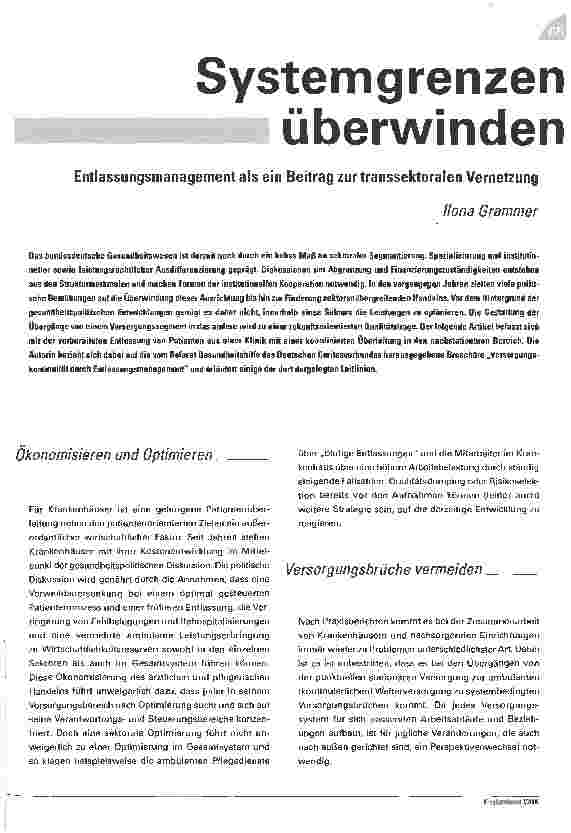 Vorschauseite 1: Systemgrenzen überwinden. Entlassungsmanagement als ein Beitrag zur transsektoralen Vernetzung