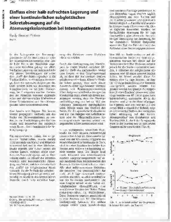Vorschauseite 1: Einfluss einer halb aufrechten Lagerung und einer kontinuierlichen subglottischen Sekretabsaugung auf die Atemwegskolonisation bei Intensivpatienten