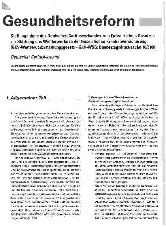 Vorschauseite 1: Gesundheitsreform - Stellungnahme des Deutschen Caritasverbandes zum Entwurf eines Gesetzes zur Stärkung des Wettbewerbs in der Gesetzlichen Krankenversicherung (GKV-Wettbewerbsst…