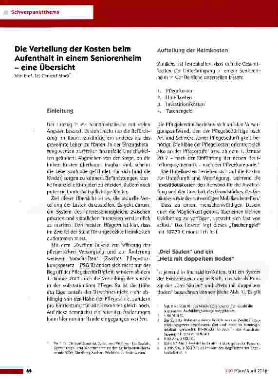 Vorschauseite 1: Die Verteilung der Kosten beim Aufenthalt in einem Seniorenheim - eine Übersicht