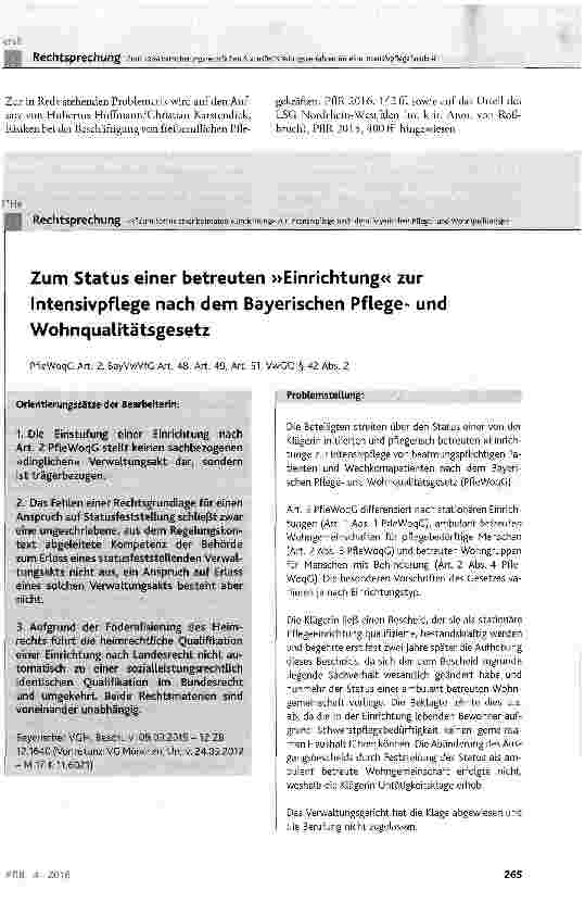 Vorschauseite 1: Zum Status einer betreuten »Einrichtung« zur Intensivpflege nach dem Bayerischen Pflegeund Wohnqualitätsgesetz