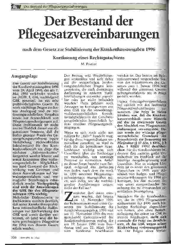 Vorschauseite 1: Der Bestand der Pflegesatzvereinbarungen nach dem Gesetz zur Stabilisierung der Krankenhausausgaben 1996