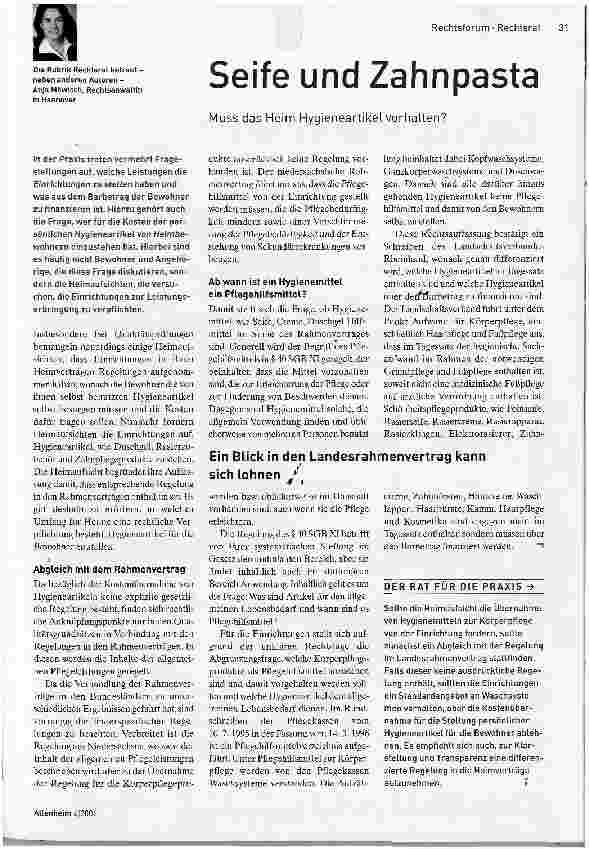 Vorschauseite 1: Seife und ZahnpastaMuss das Heim Hygieneartikel vorhalten?