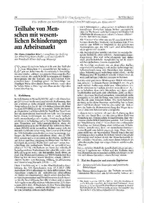 Vorschauseite 1: Teilhabe von Menschen mit wesentlichen Behinderungen am Arbeitsmarkt