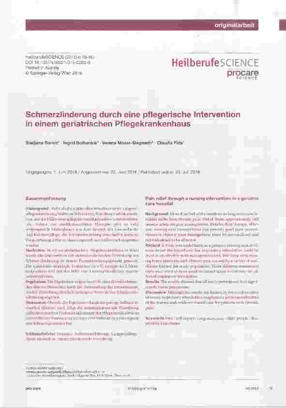 Vorschauseite 1: Schmerzlinderung durch eine pflegerische Intervention in einem geriatrischen Pflegekrankenhaus