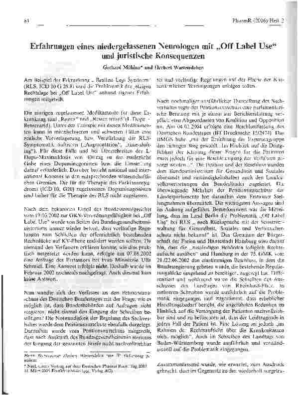 Vorschauseite 1: Erfahrungen eines niedergelassenen Neurologen mit Off Label Use und juristische Konsequenzen