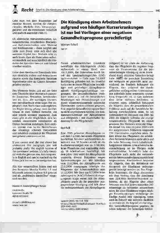 Vorschauseite 1: Die Kündigung eines Arbeitnehmers aufgrund von häufigen Kurzerkrankungen ist nur bei Vorliegen einer negativen Gesundheitsprognose gerechtfertigt