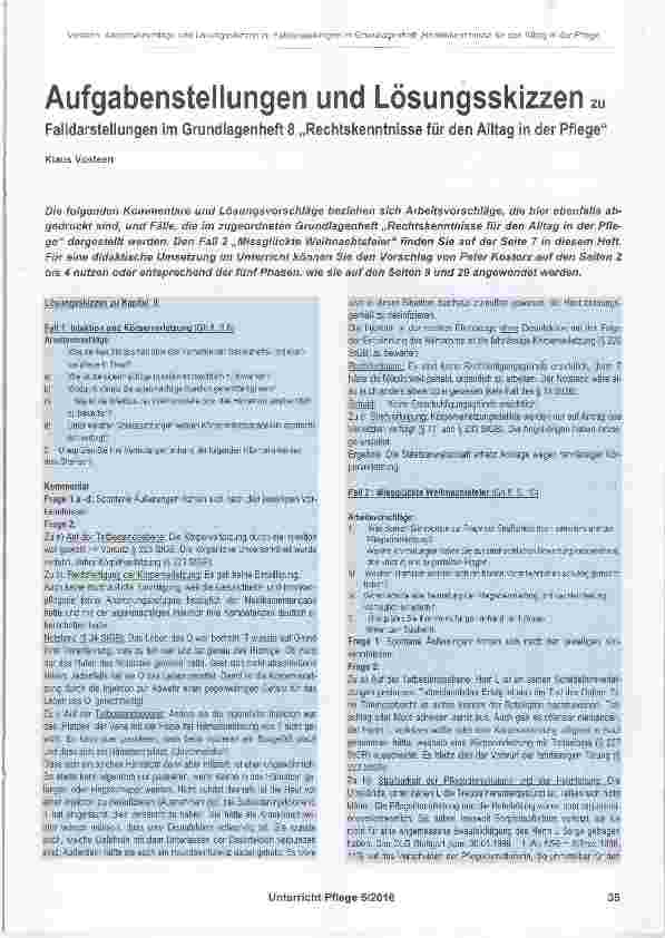 Vorschauseite 1: Aufgabenstellungen und Lösungsskizzen zu Falldarstellungen im Grundlagenheft 8 „Rechtskenntnisse für den Alltag in der Pflege“
