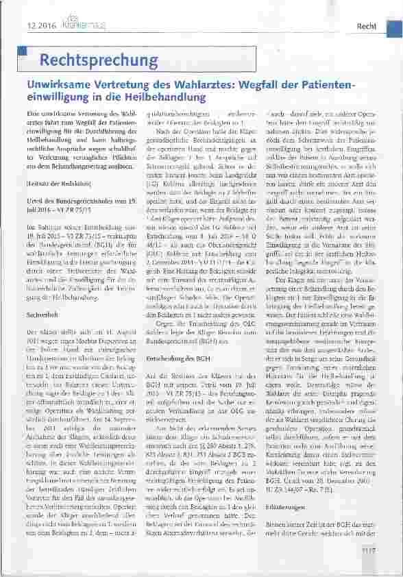 Vorschauseite 1: Unwirksame Vertretung des Wahlarztes: Wegfall der Patienteneinwilligung in die Heilbehandlung